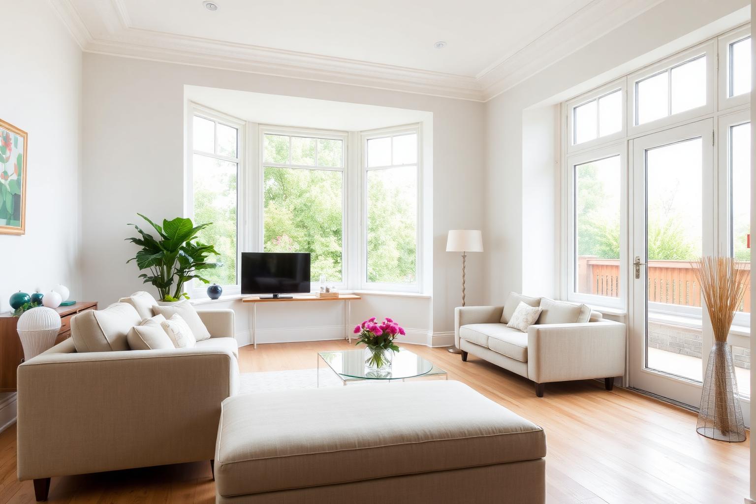 Bright living room with bay window photographed for a residential property listing