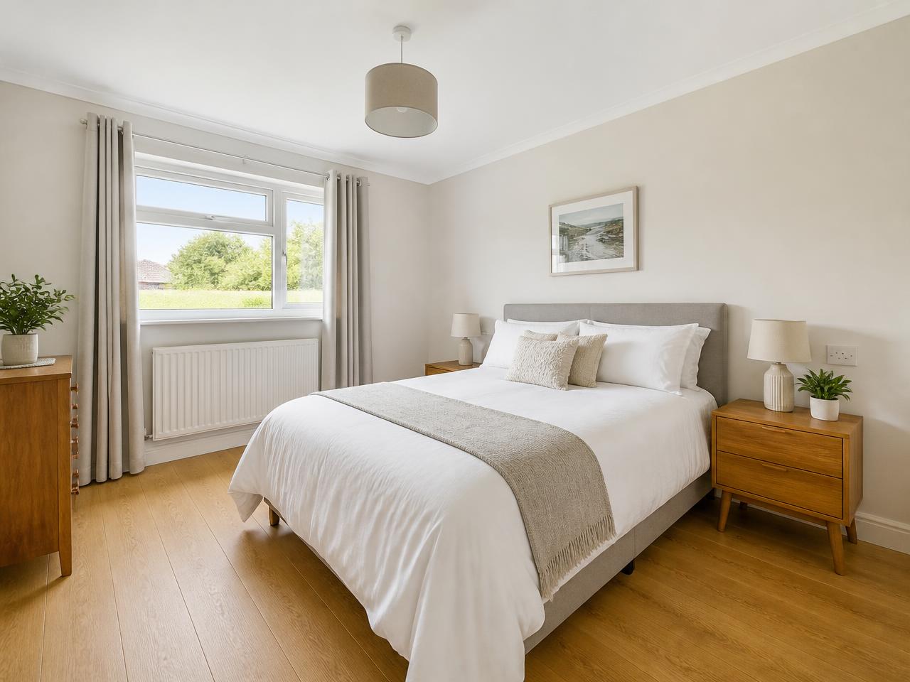 Calm master bedroom interior photographed in soft natural light
