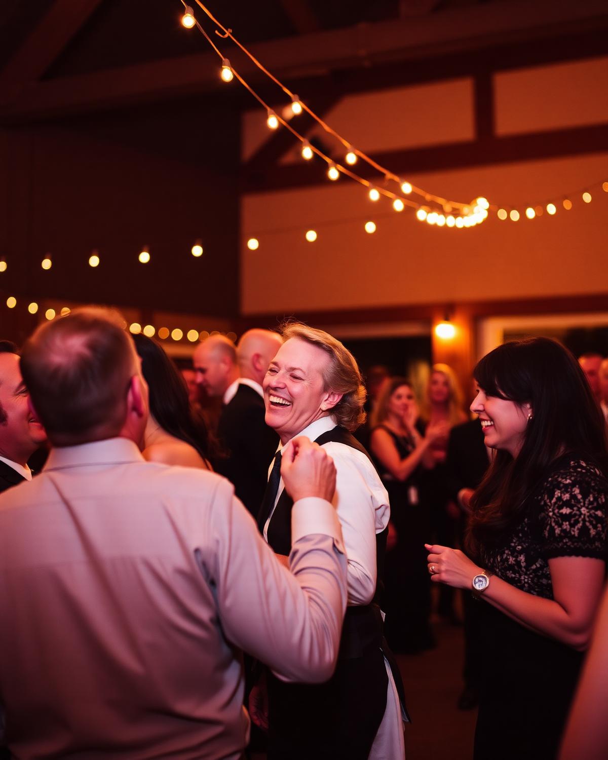 Wedding guests dancing under warm string lights at an evening reception
