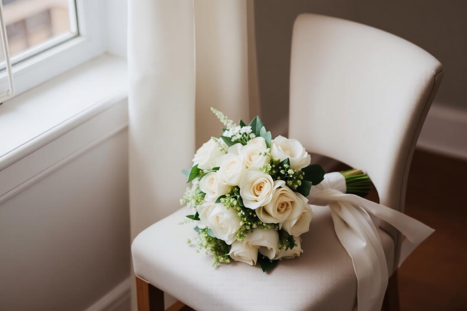 Bridal bouquet of white roses resting on a linen chair before the ceremony